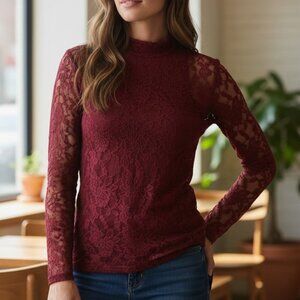 Socialite Long Sleeve Lace High Neck Top Sz M Burgundy Red #12G